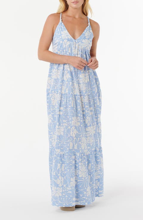 Print Knotted Sleeveless Tiered Maxi Sundress