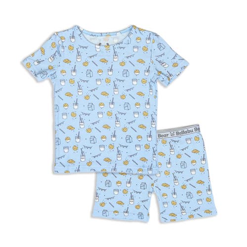Bellabu Bear Blue Milk & Cookies Kids 2-piece Short Sleeve & Shorts Pajama Set In Blue Milk & Cookies