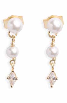 Freshwater Pearl & Cubic Zirconia Linear Drop Earrings