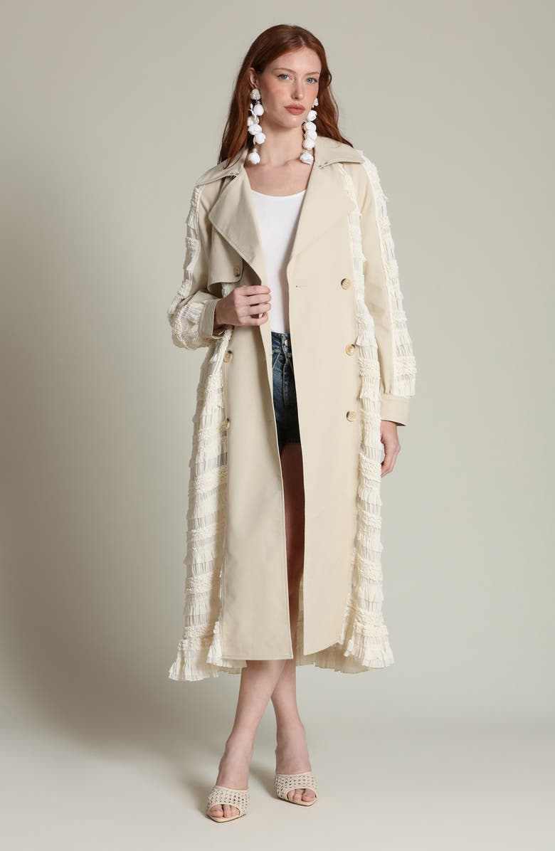 Avec Les Filles Mixed Media Trench Coat, Alternate, color, Bone Multi