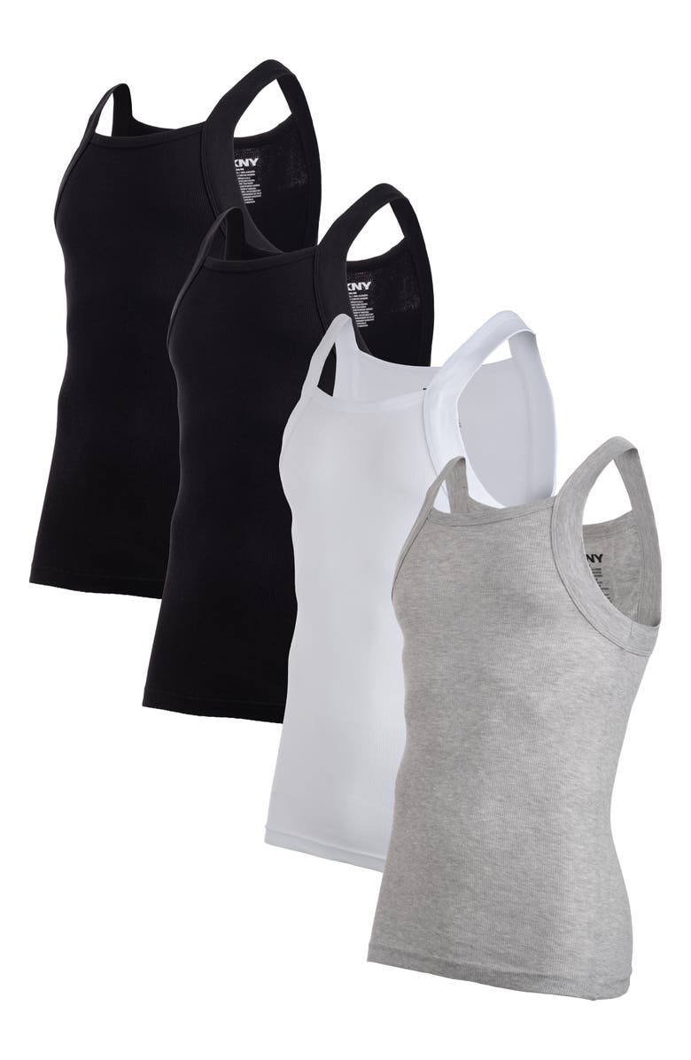DKNY Pack of 4 Cotton Rib Tanks, Main, color, Black/Black/Gry Heath/White