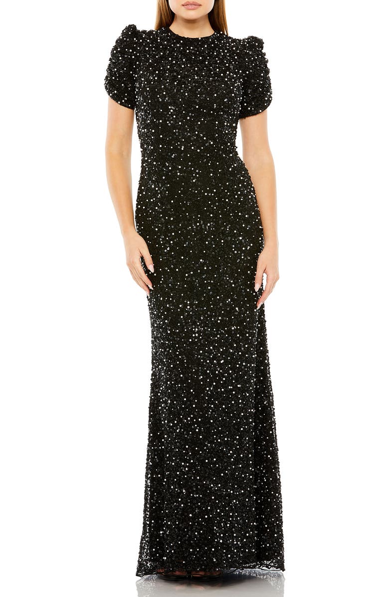Mac Duggal Beaded Sequin High Neck Evening Dress, Main, color, Black