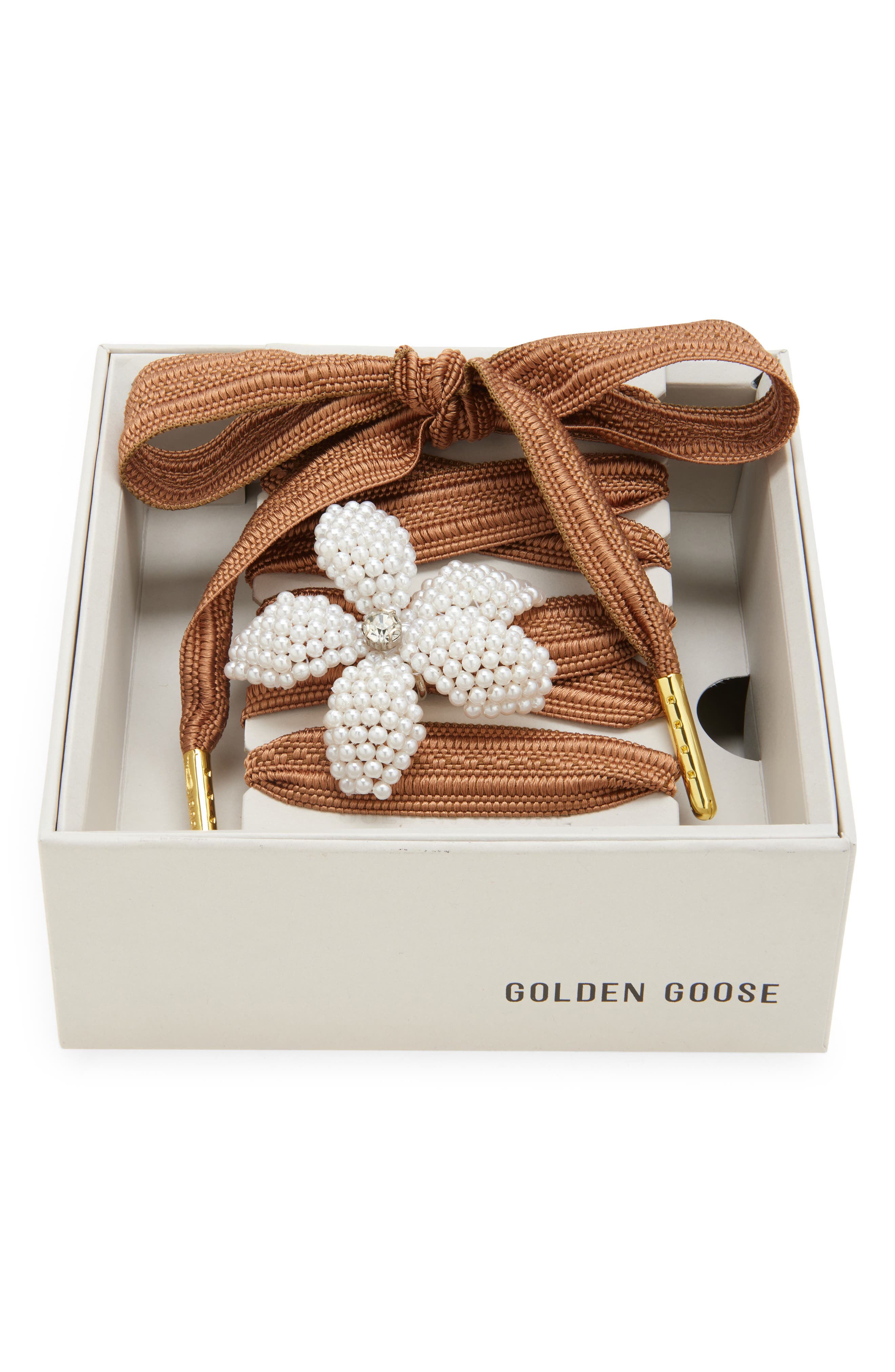 Skins Crystal & Faux Pearl Charm Shoelaces, Main, color, BROWN/ PEACH