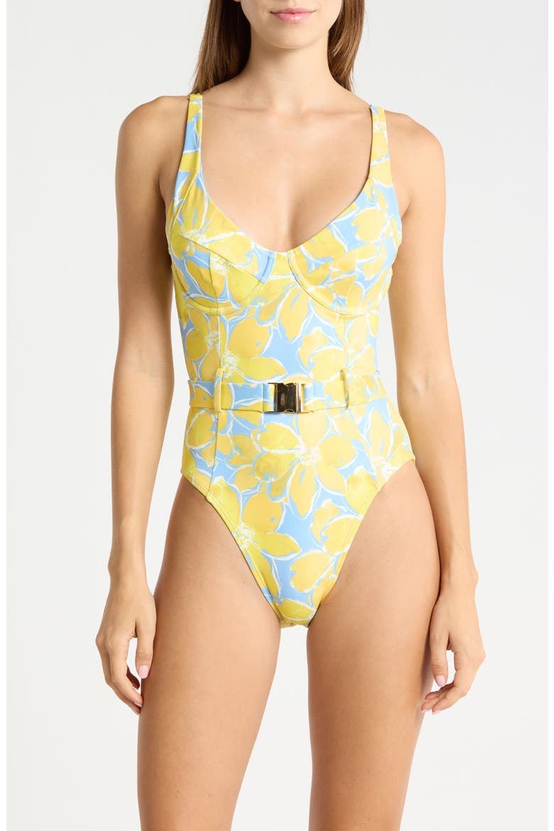 Sally Belted One-Piece Swimsuit, Main, color, YELLOW WATERCOLOR GARDENIAS