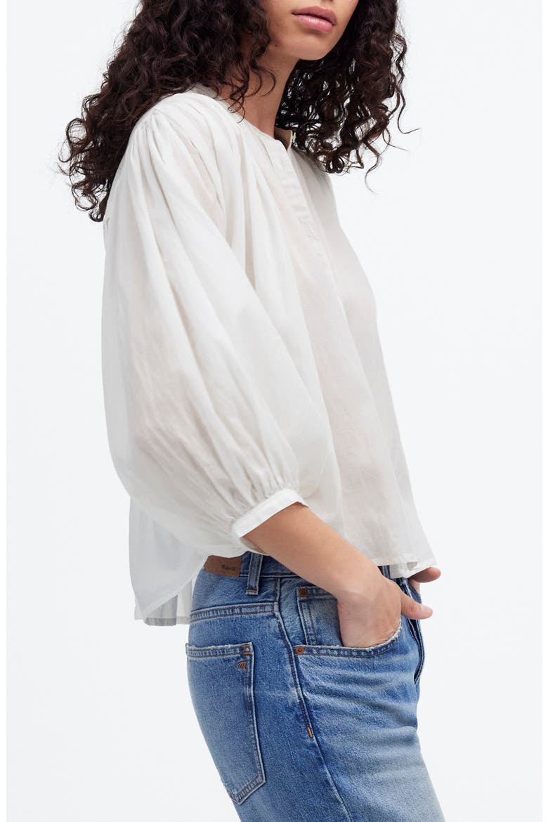 Shirred Voile Button-Up Top, Alternate, color, WHITE