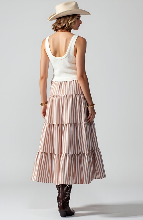 Modenaire Striped Tiered A-line Maxi Skirt With Elastic Waist And Soft Drape In Brown