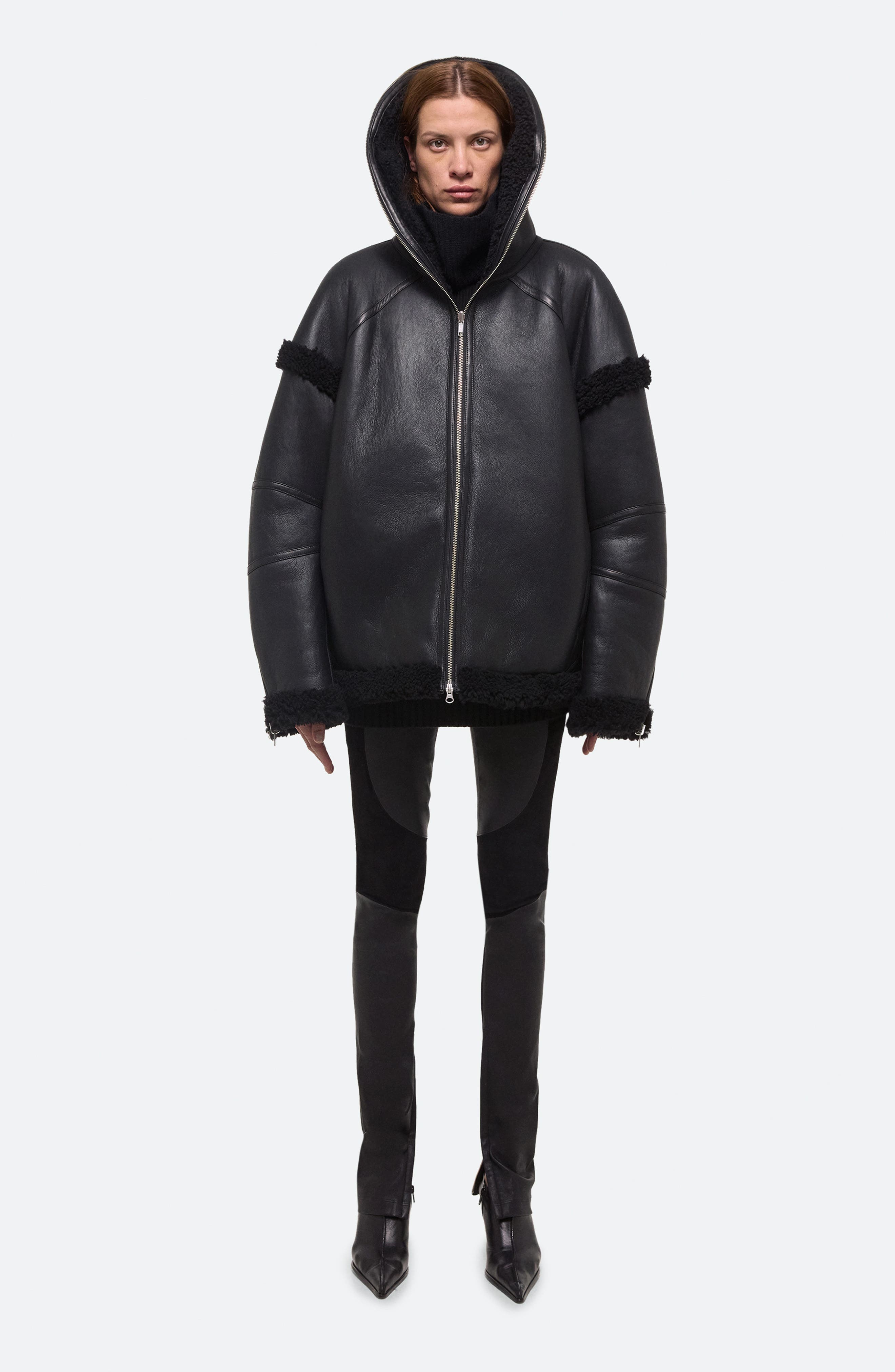Helmut Lang Apex Hooded Reversible Genuine Shearling & Leather Coat