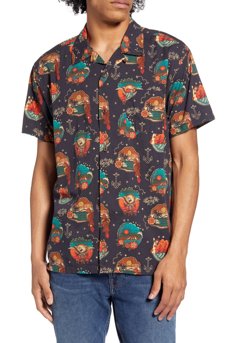 Trop Flash Short Sleeve Button-Up Camp Shirt, Main, color, BLACK