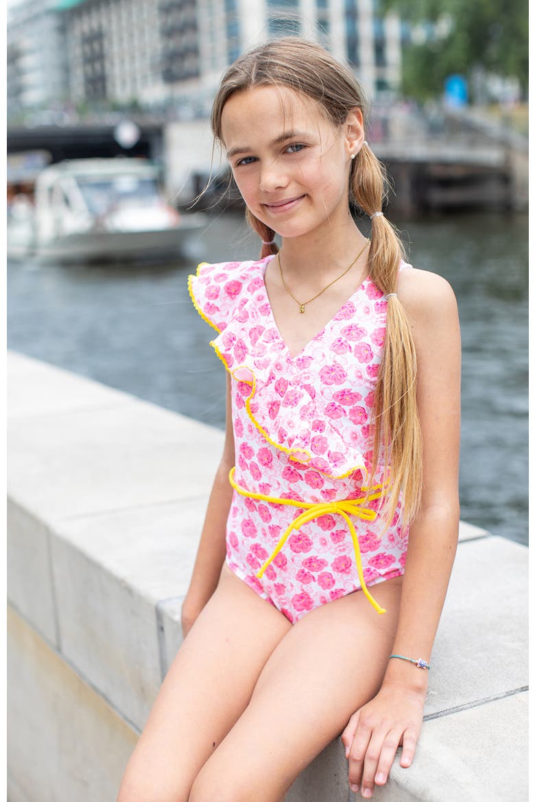 Asymmetrical Ruffle Flower Print with Yellow Belt One-Piece Swimsuit, Alternate, color, Pink