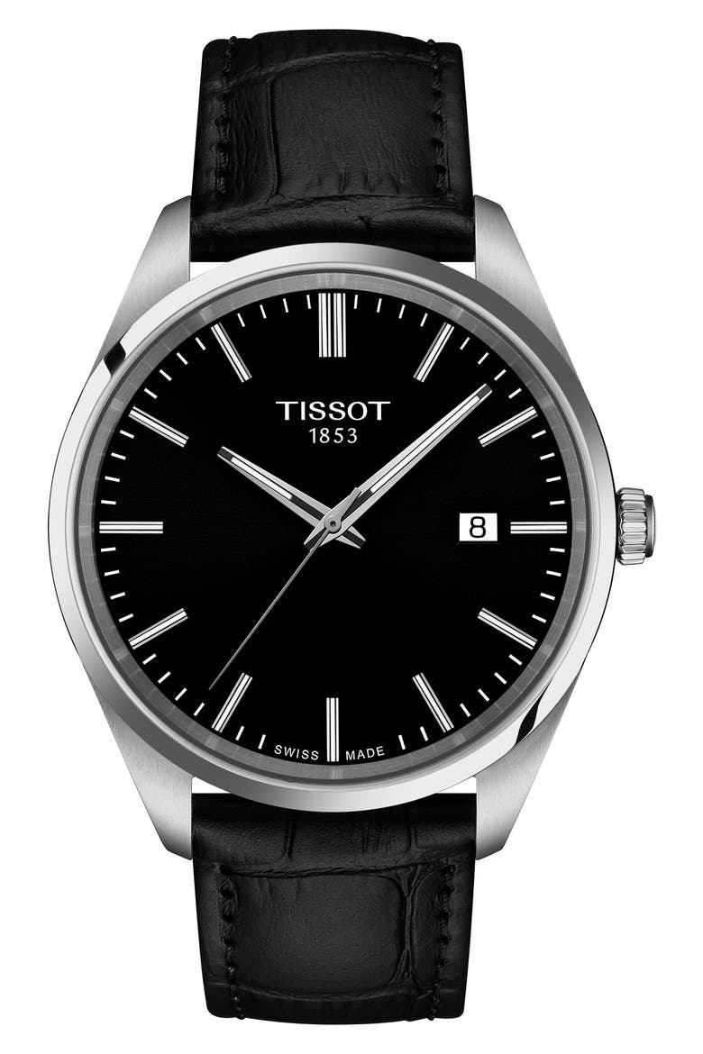 PR 100 Quartz Leather Strap Watch, 40mm, Main, color, BLACK