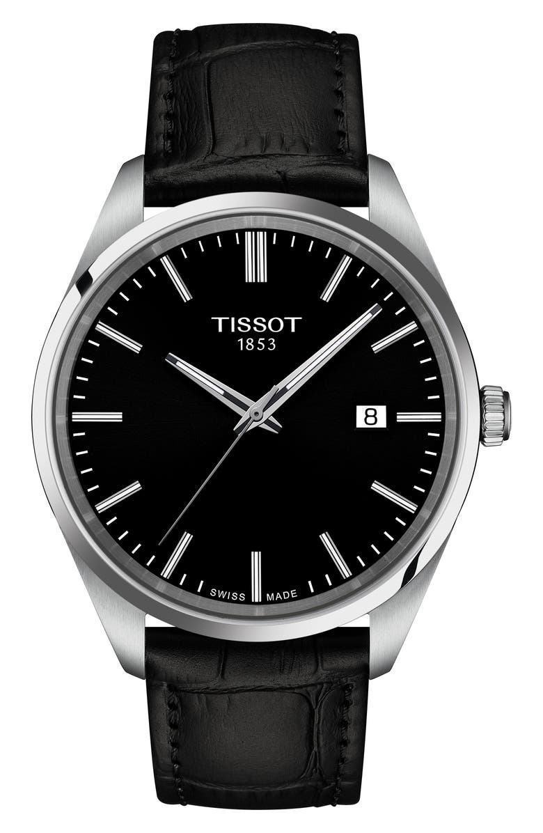 Tissot PR 100 Quartz Leather Strap Watch, 40mm, Main, color, Black