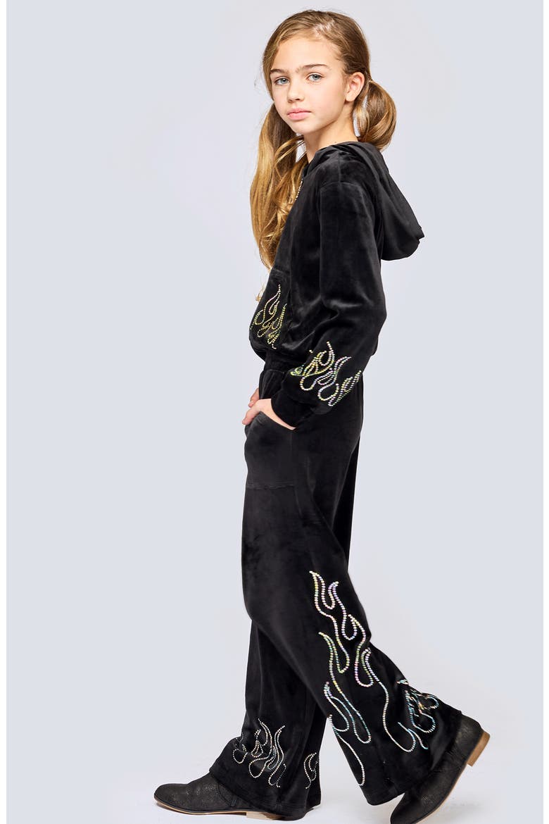 Kids' Crystal Flame Velour Wide Leg Pants, Alternate, color, BLACK