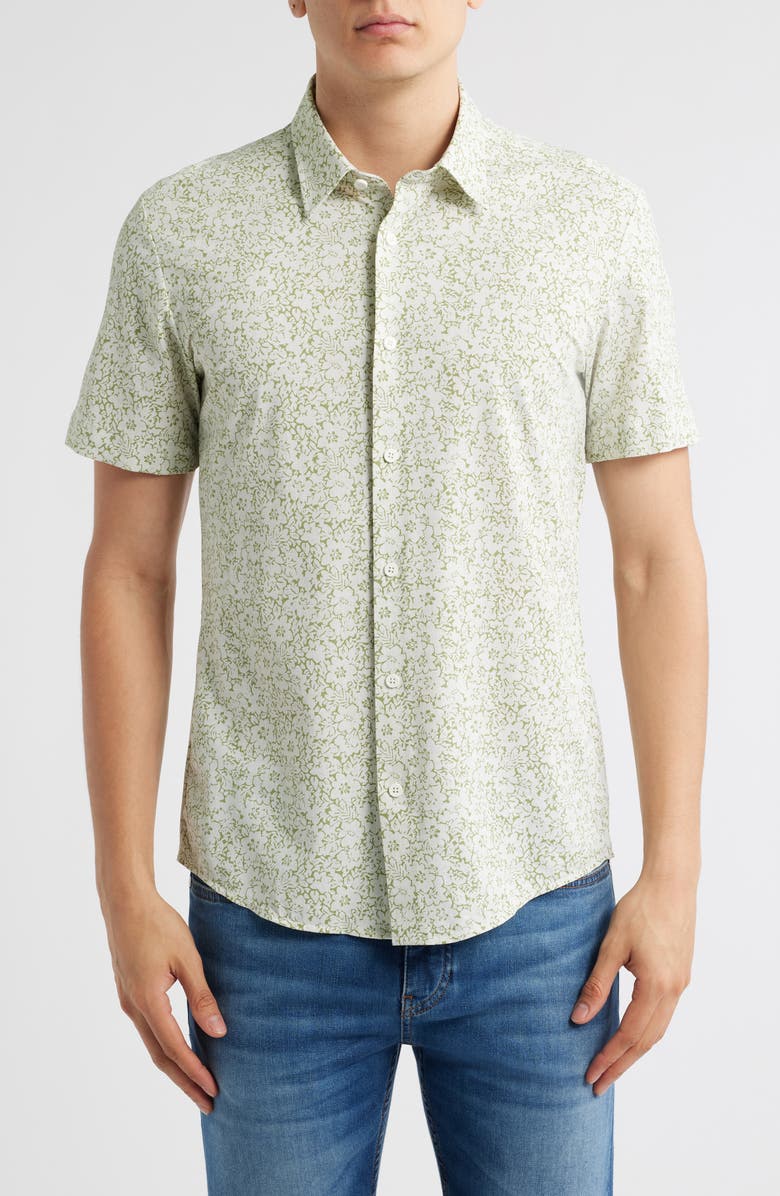 BOSS Roan Floral Short Sleeve Stretch Button-Up Shirt, Main, color, Medium Green