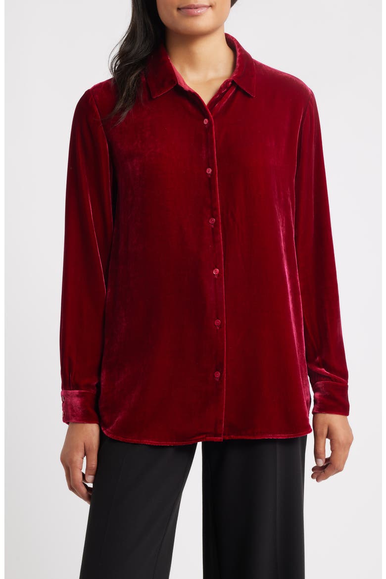 Velvet Button-Up Shirt, Main, color, RUBY