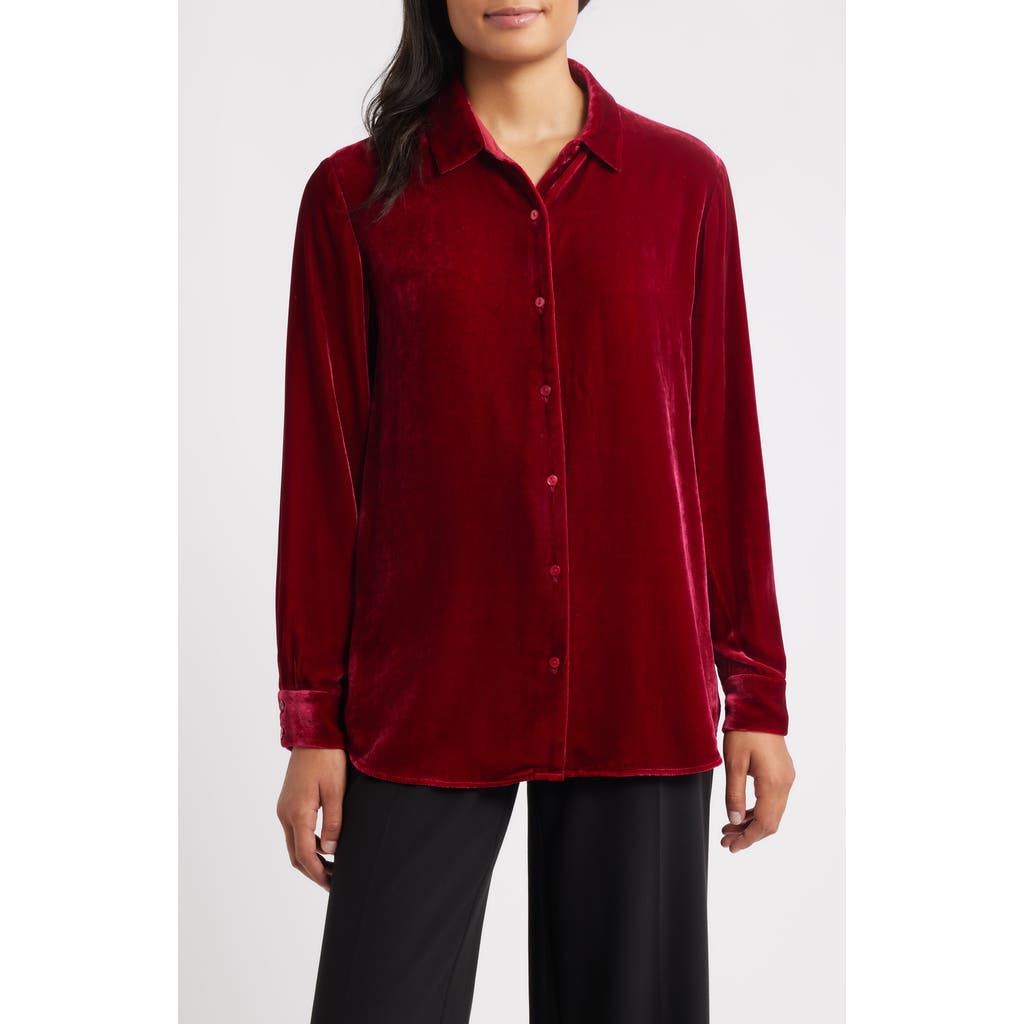 Eileen Fisher Velvet Button-up Shirt In Red
