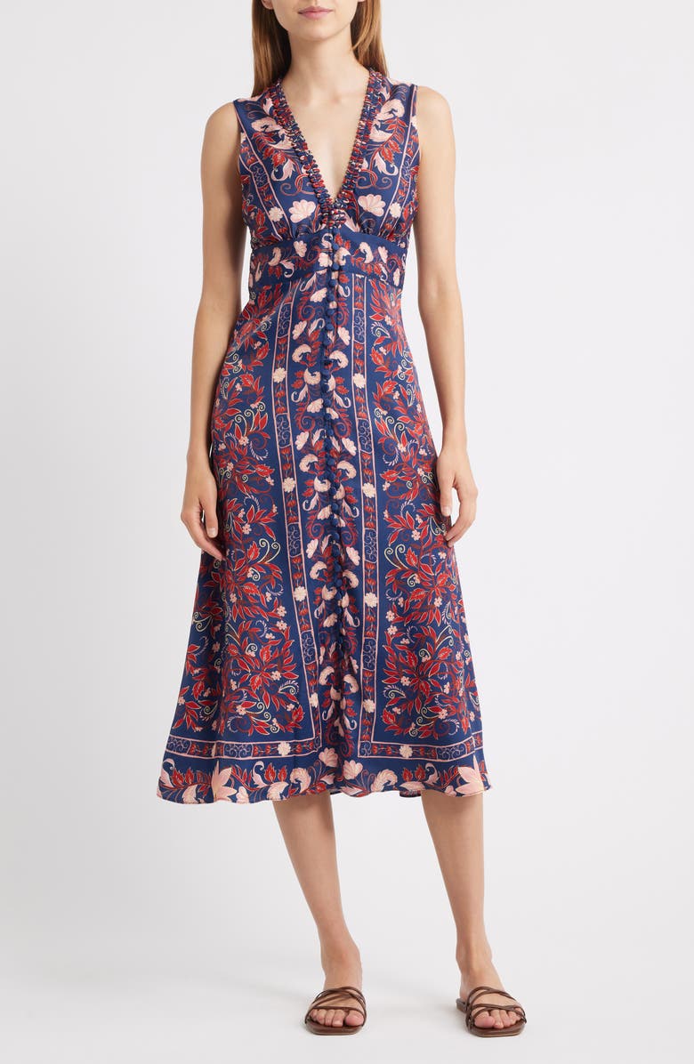 FARM Rio Boho Floral Scarf Print Sleeveless Midi Dress, Main, color, Navy Blue