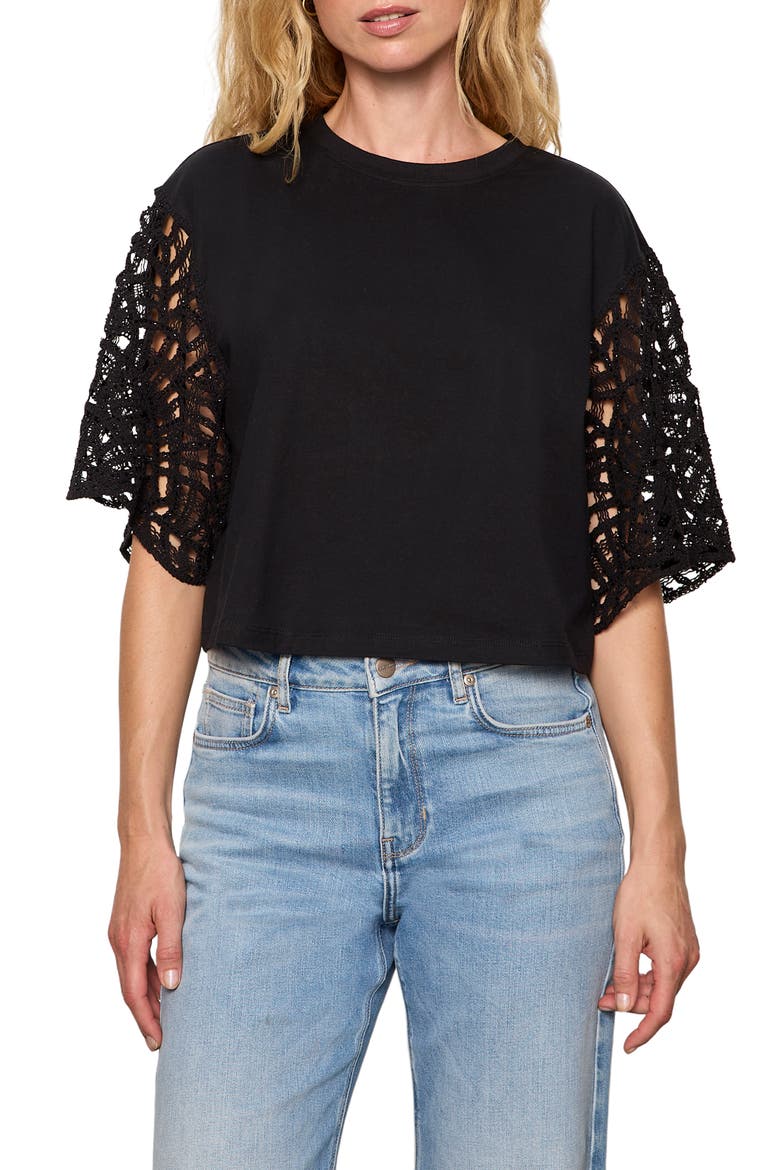 Belle Lace Sleeve Organic Cotton T-Shirt, Main, color, BLACK