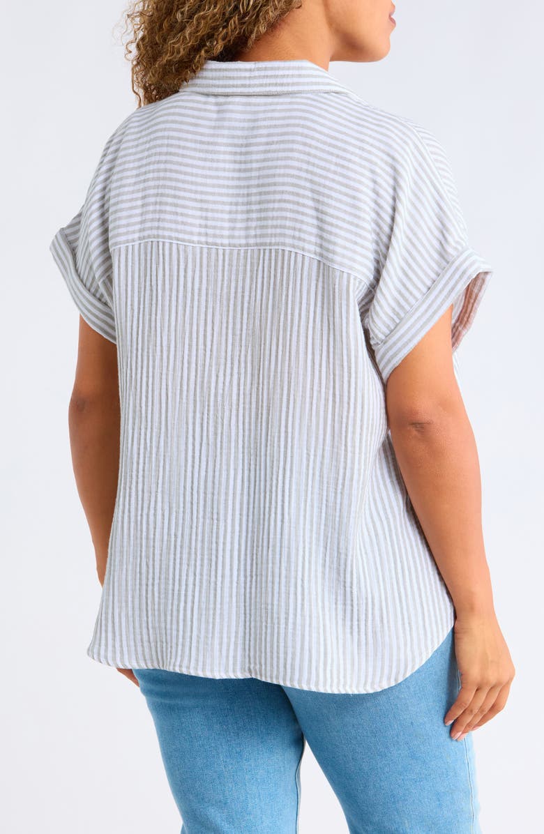 beachlunchlounge Arin Stripe Short Sleeve Cotton Button-Up Shirt, Alternate, color, Rosemary