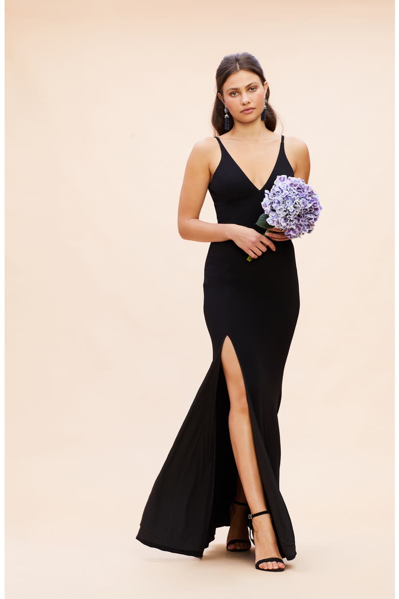 Iris Slit Crepe Gown, Alternate, color, BLACK