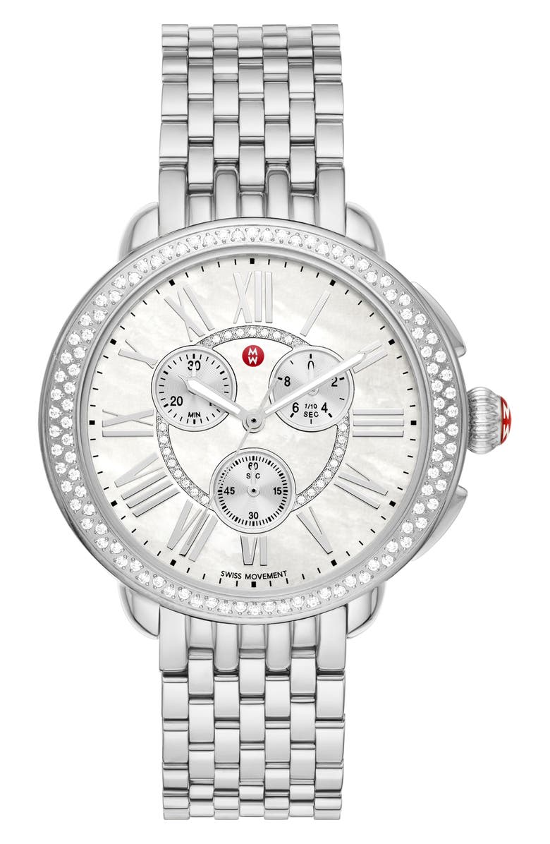 MICHELE Serein Diamond Bracelet Chronograph Watch, 40mm x 38mm, Main, color, Silver