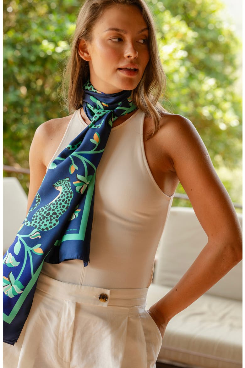 Leopards In The Verdant Wild Oblong Silk Scarf, Alternate, color, Blue