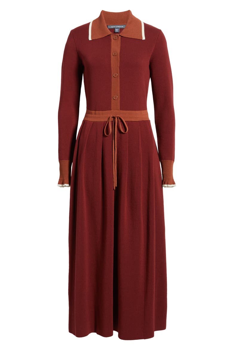 Tipped Long Sleeve Drawstring Waist Sweater Dress, Alternate, color, WINE/ CAMEL