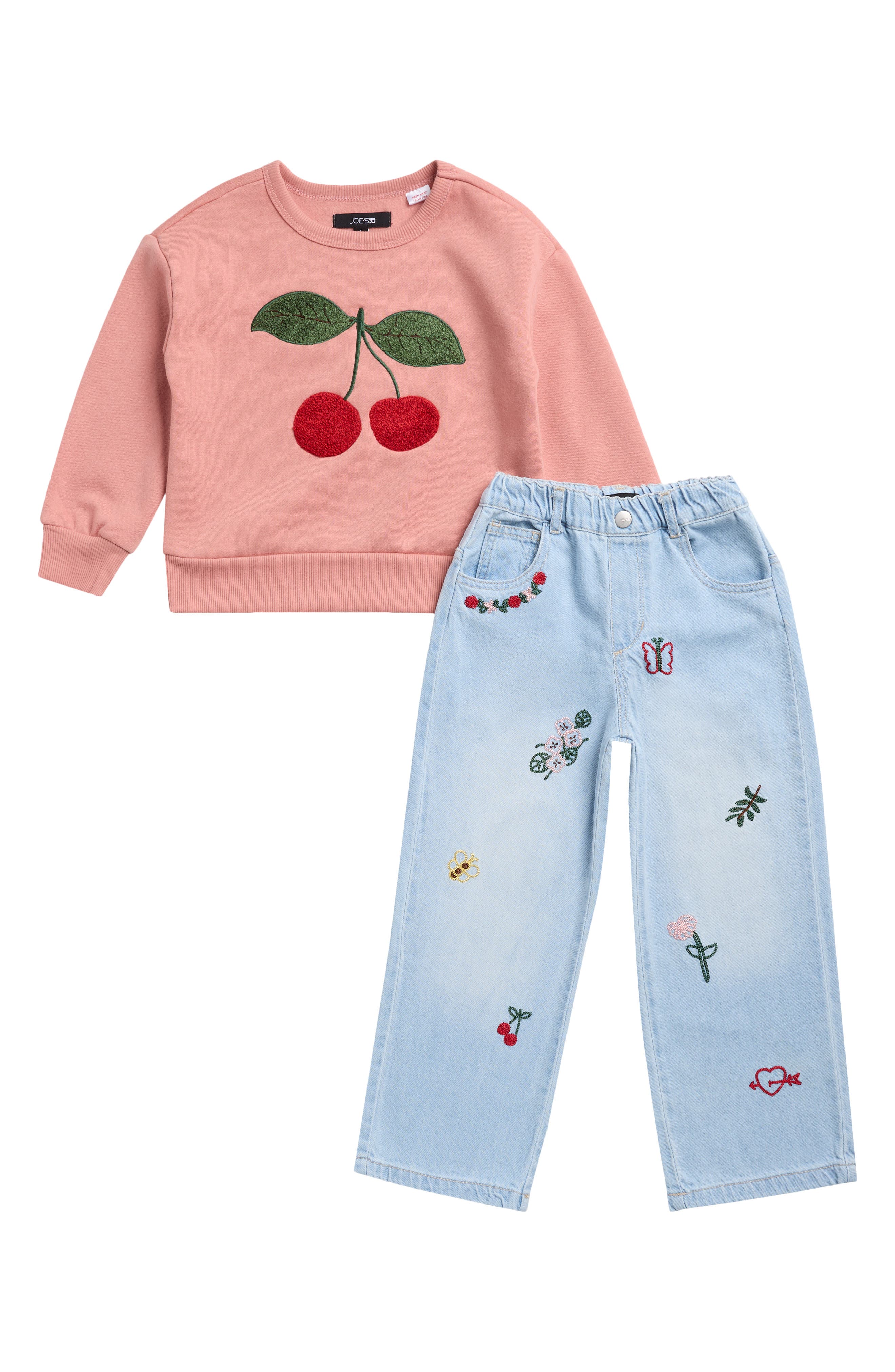 Kids' Cherry Sweatshirt & Embroidered Jeans 2-Piece Set