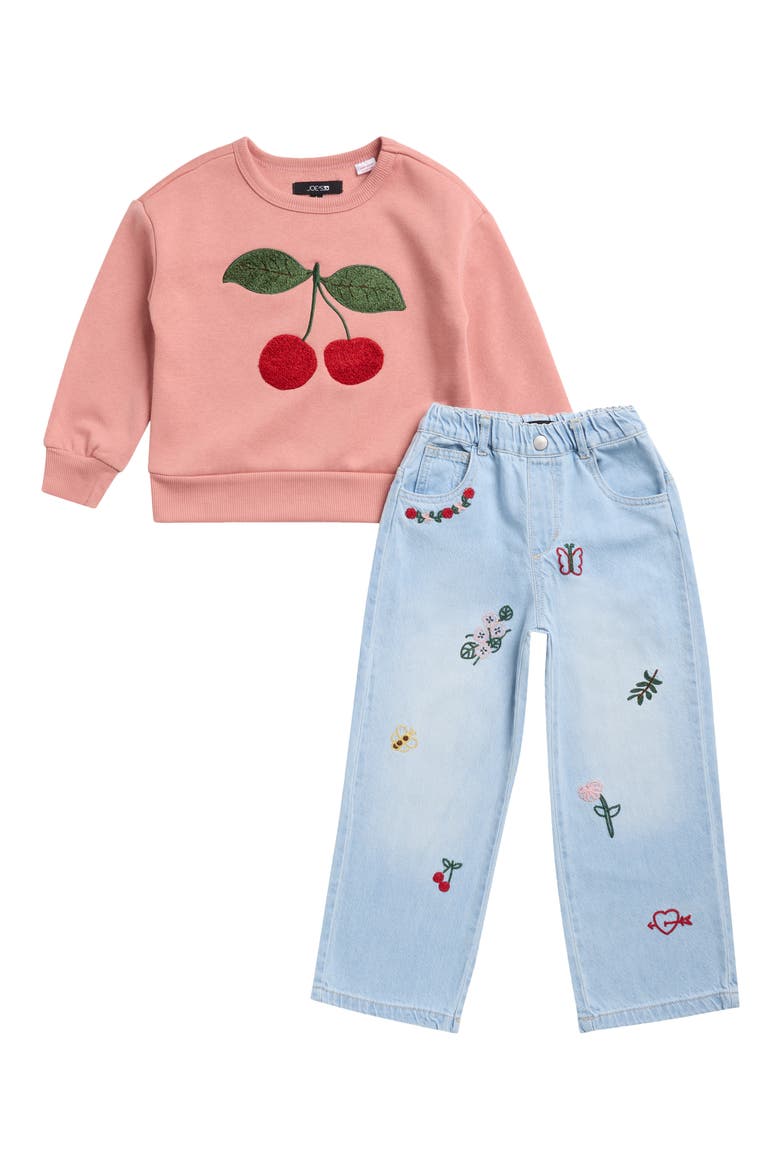 Kids' Cherry Sweatshirt & Embroidered Jeans 2-Piece Set, Main, color, CORAL PINK