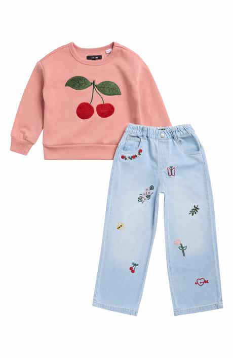 Kids' Cherry Sweatshirt & Embroidered Jeans 2-Piece Set