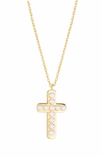Simulated Pearl Cross Pendant Necklace