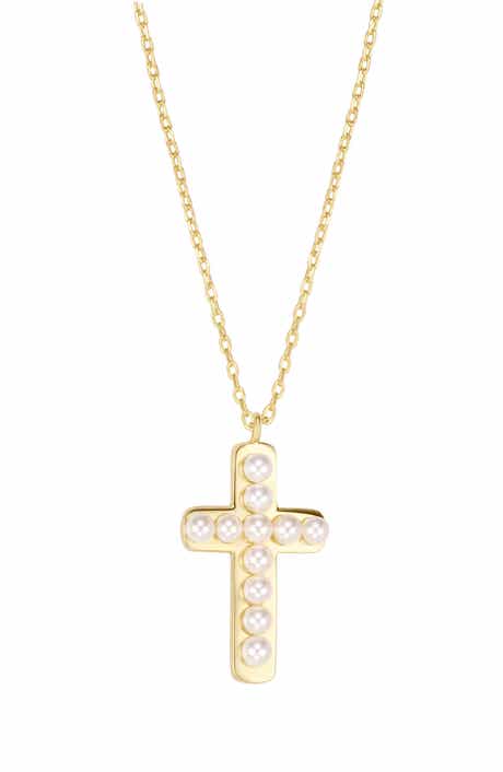 Simulated Pearl Cross Pendant Necklace