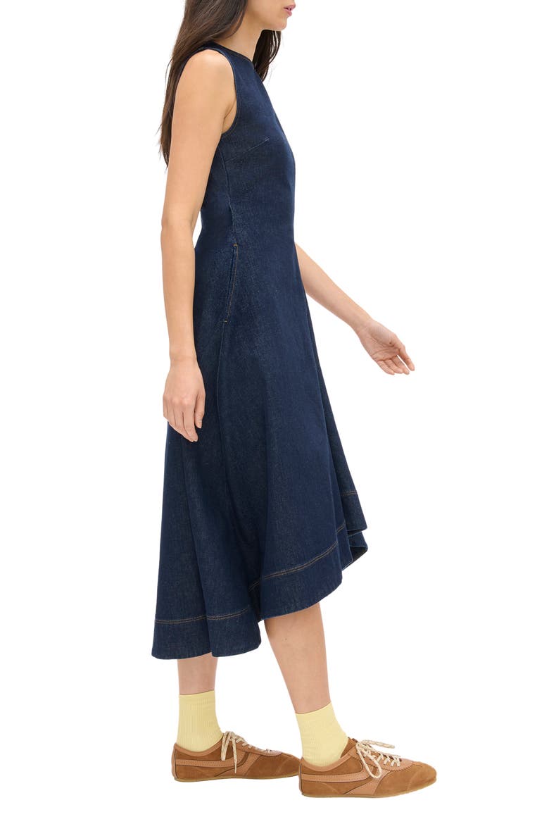 Liberty Asymmetric Sleeveless Stretch Organic Cotton Denim Midi Dress, Alternate, color, INDIGO