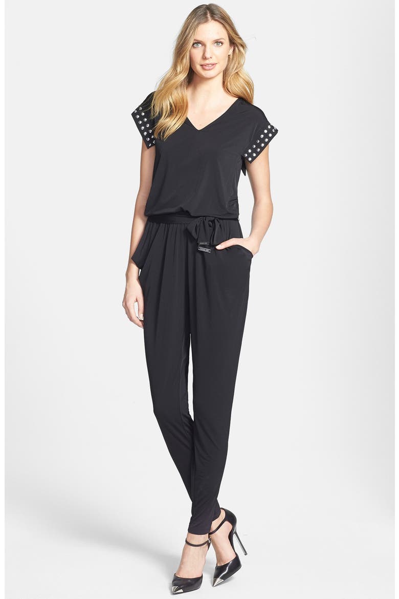 Studded V-Neck Jumpsuit, Main, color, BLACK/ SILVER