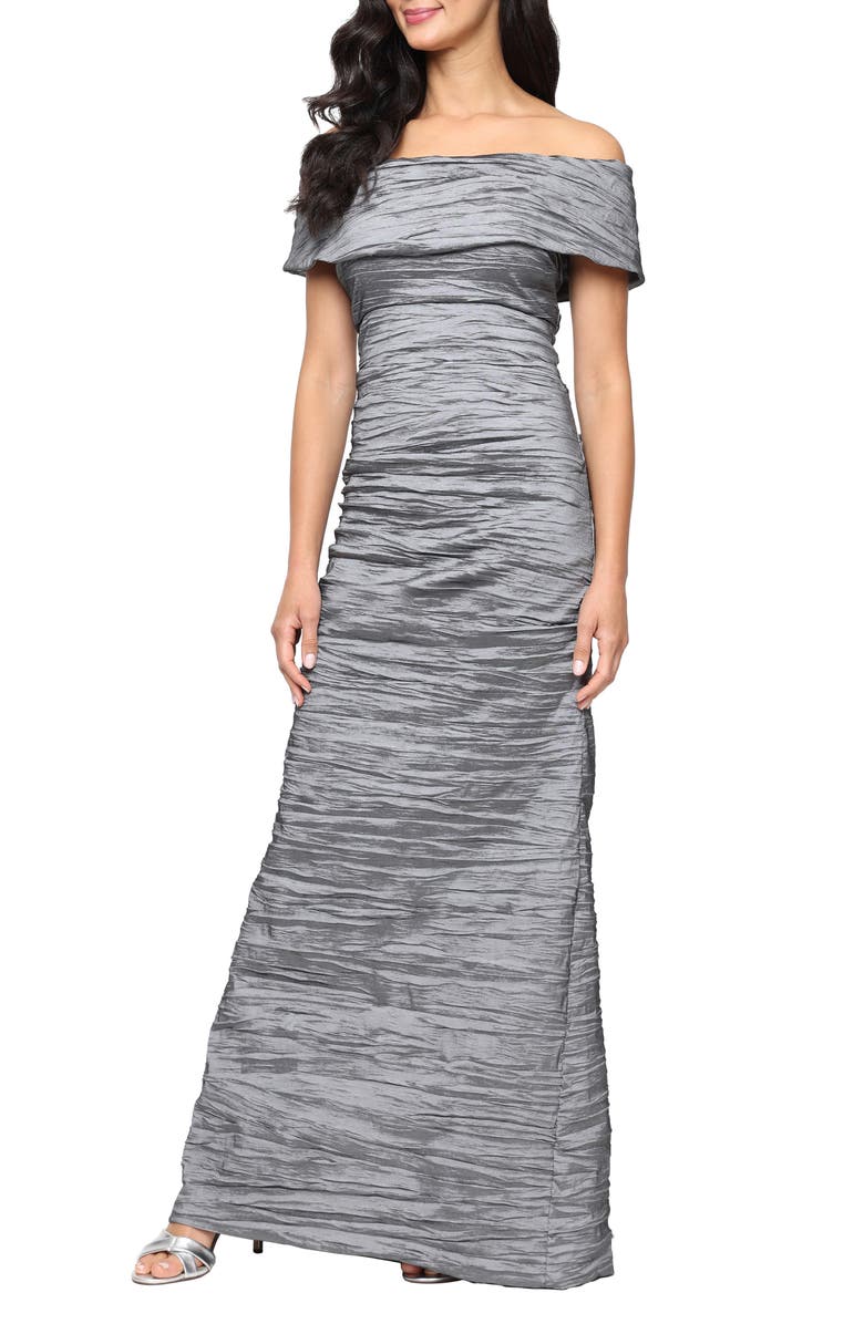 Alex Evenings Crinkle Off the Shoulder Stretch Taffeta Gown, Main, color, Gunmetal