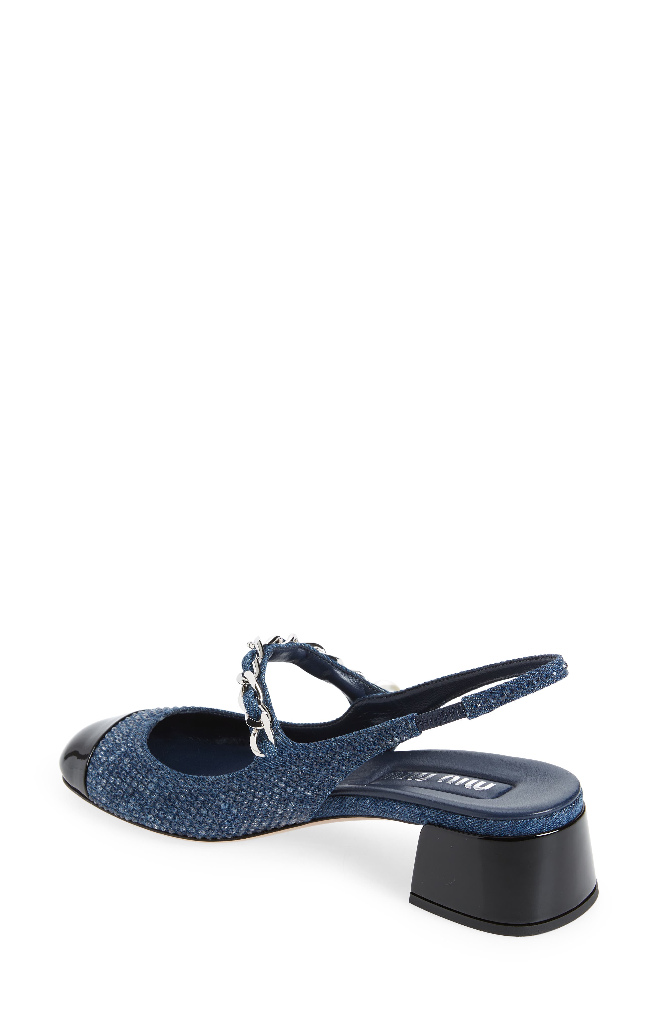 Chain Crystal Embellished Slingback Cap Toe Pump, Alternate, color, DENIM/ BLACK