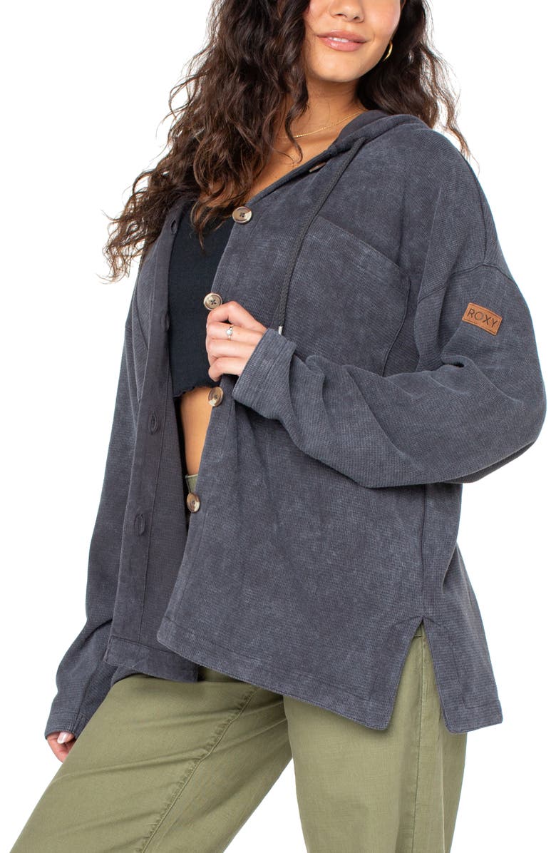 Roxy Clear Water Waffle Knit Button Front Hoodie, Alternate, color, Phantom