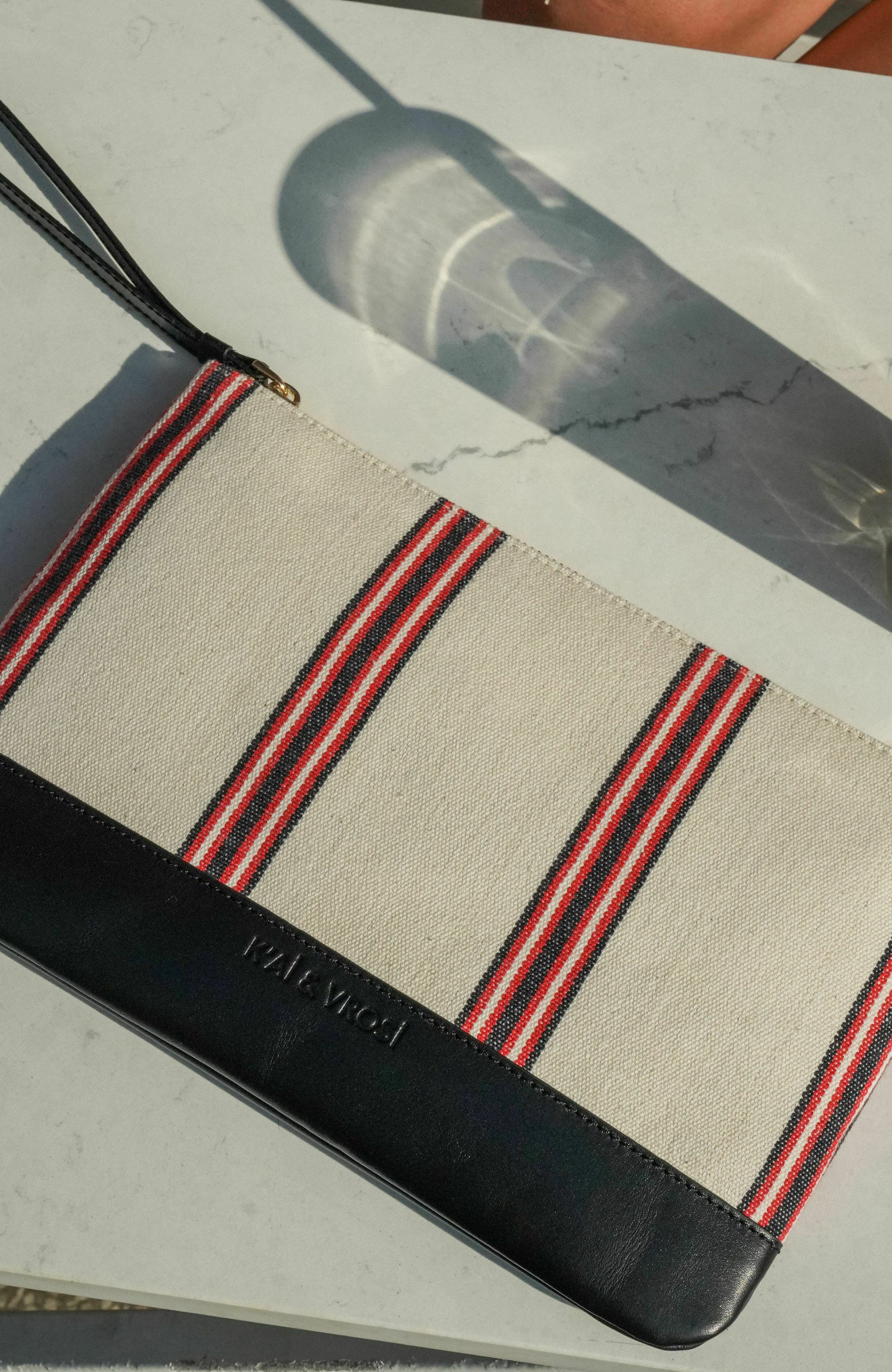 K'ai & Vrosi Apollon Calfskin & Handloomed Fabric Clutch, Alternate, color, Black