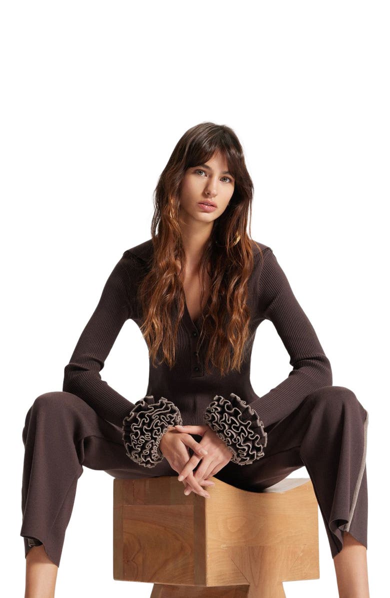 THEO The Label Nomia Ruffle Sleeve Johnny Sweater, Alternate, color, Koffee/Wheat