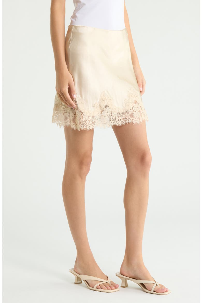 Carolina Lace Trim Silk Miniskirt, Alternate, color, ALMOND