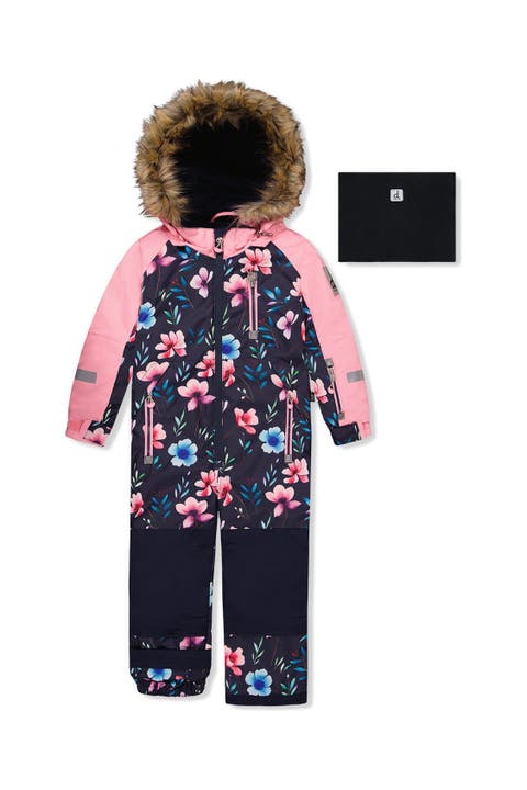 Play Floral Faux Fur Hood & One Piece Snowsuit