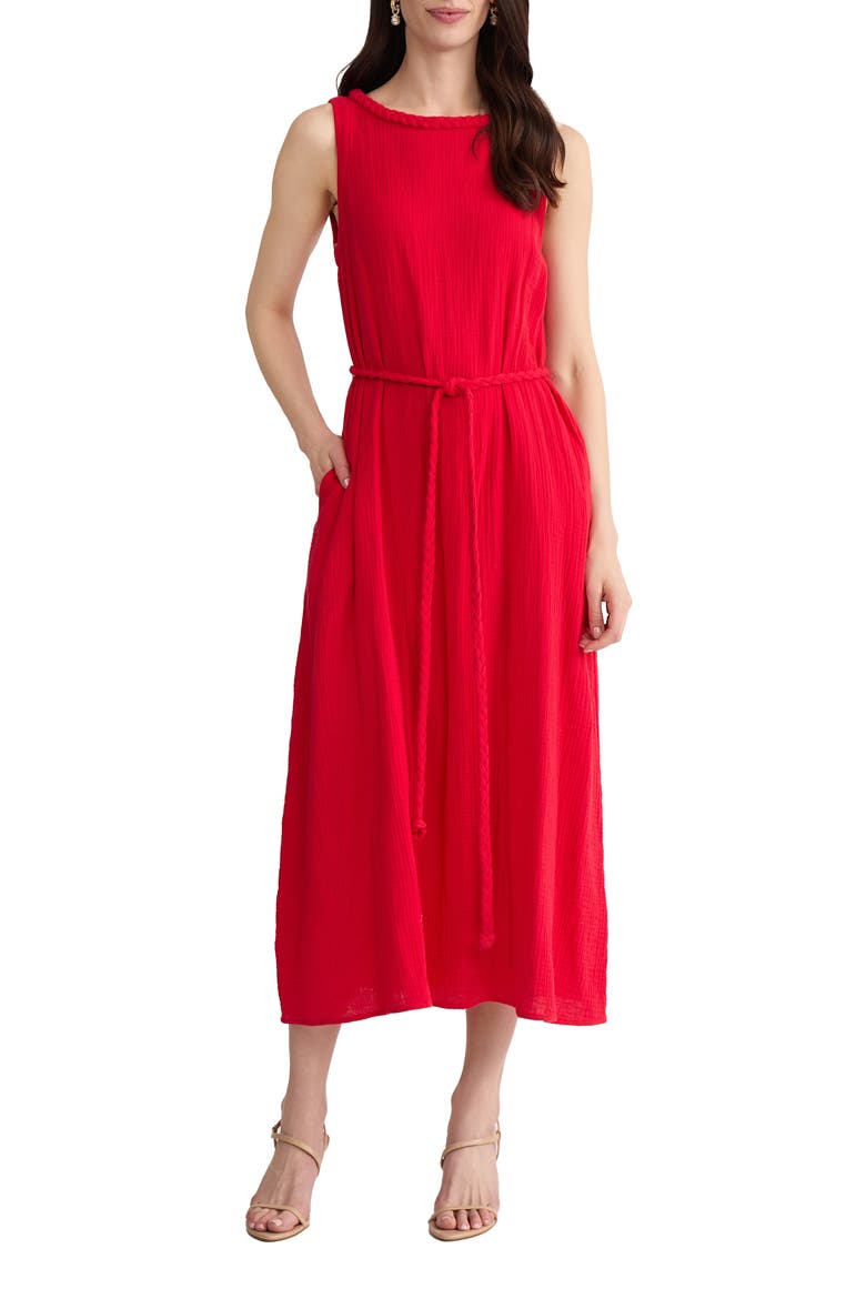 Belted Sleevless Midi Dress, Main, color, ROUGE