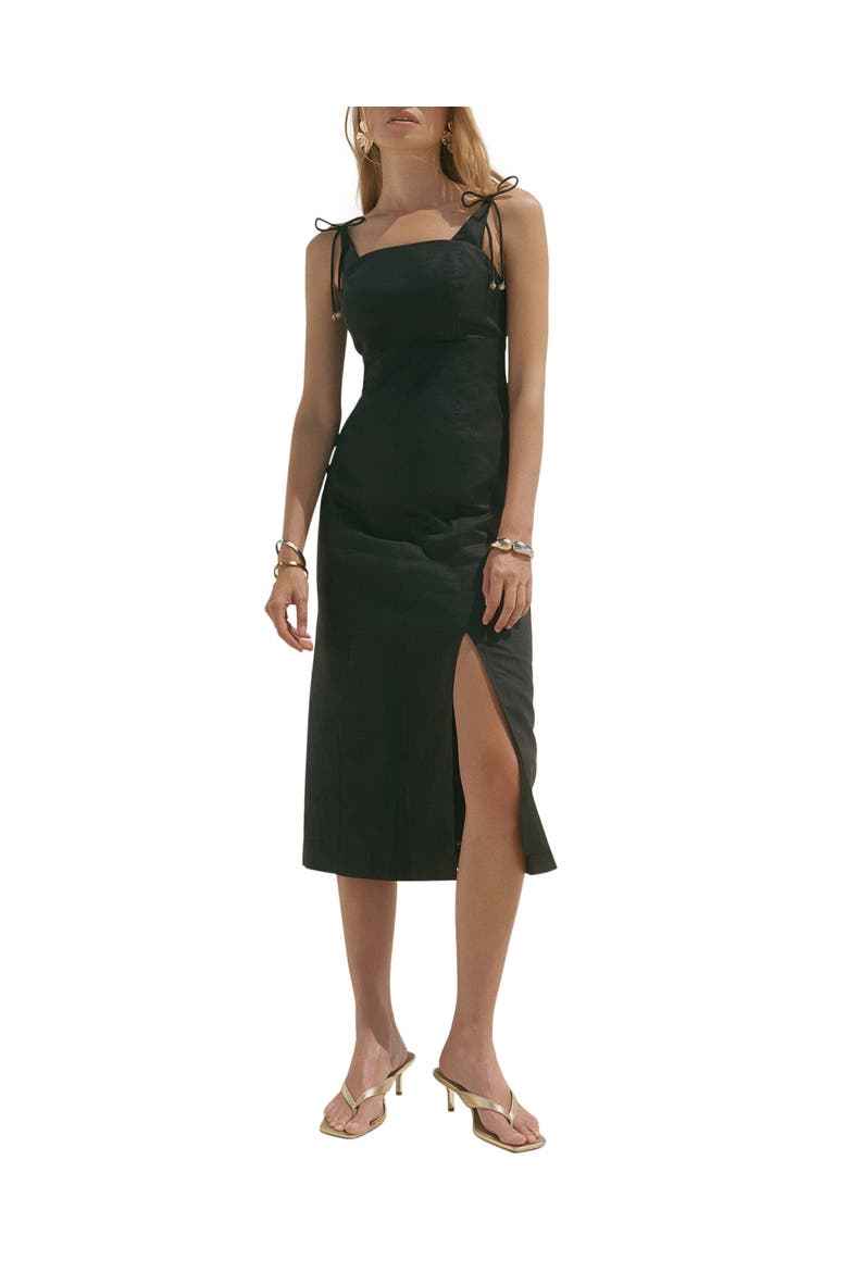 Linen Bow Detail Midi Dress, Main, color, Black