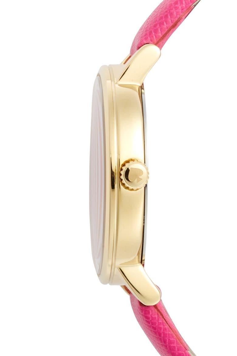 'metro' round leather strap watch, 34mm, Alternate, color, BOUGAINVILLEA PINK/ GOLD