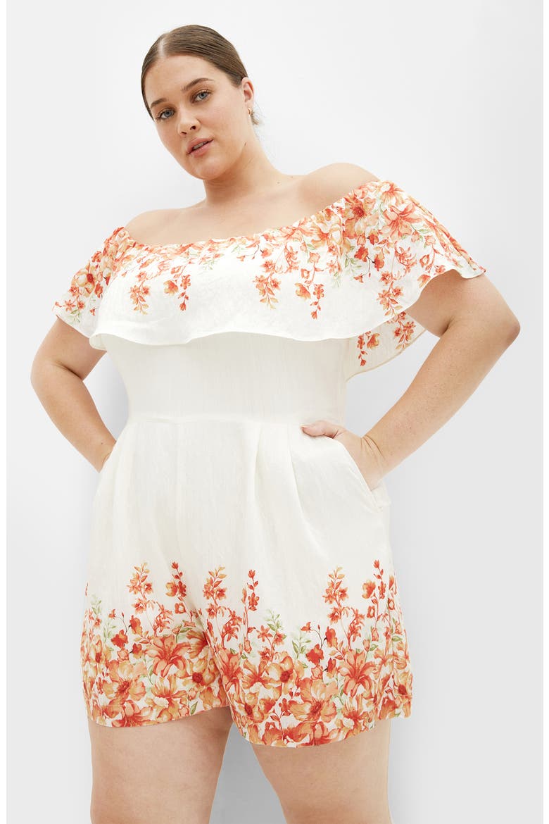 Poppy Print Off the Shoulder Playsuit, Alternate, color, PEACH POP BORDER
