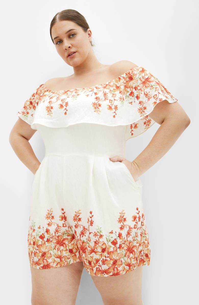 City Chic Poppy Print Off the Shoulder Playsuit, Alternate, color, Peach Pop Border
