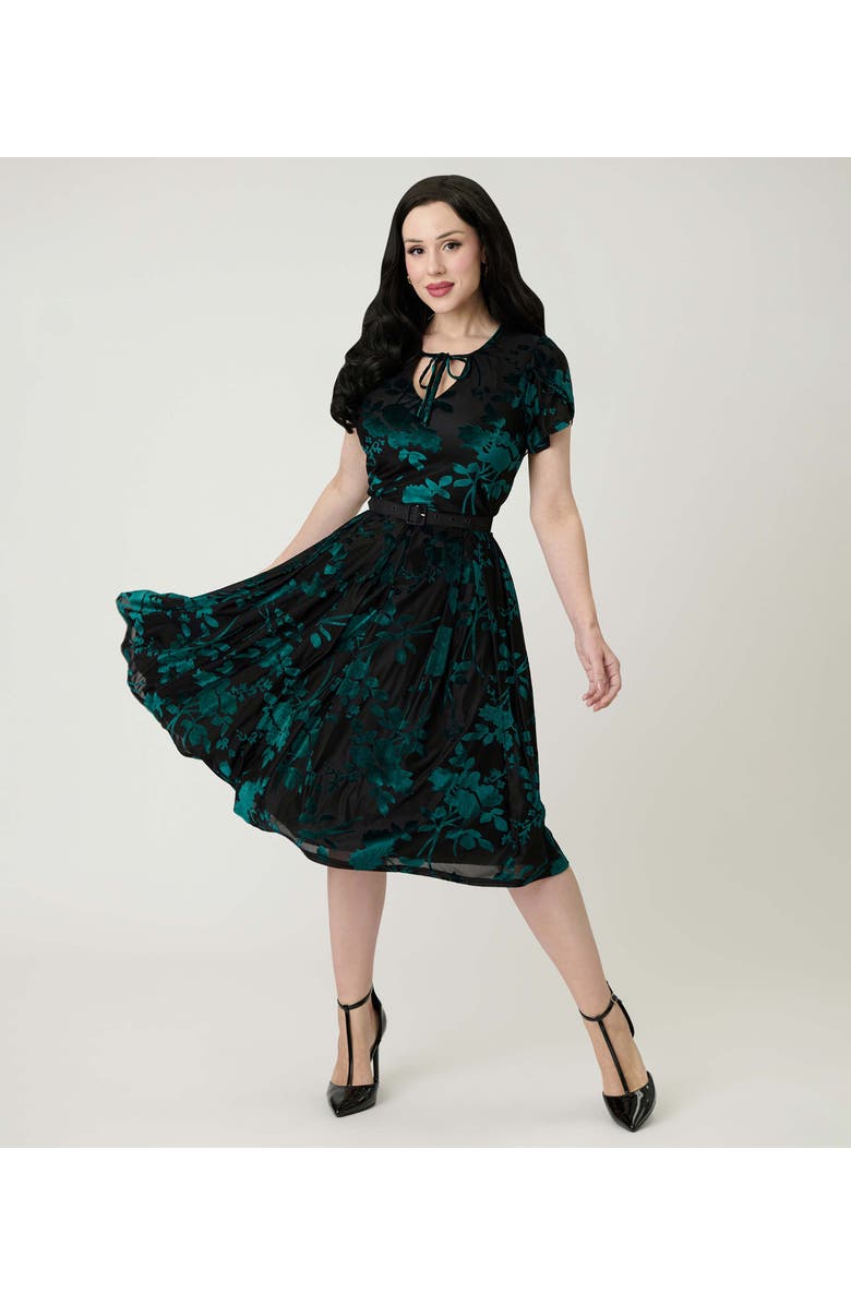 Unique Vintage Short Petal Sleeve Tie Neck Dahlia Swing Dress, Main, color, Teal
