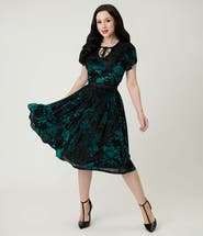 Unique Vintage Short Petal Sleeve Tie Neck Dahlia Swing Dress