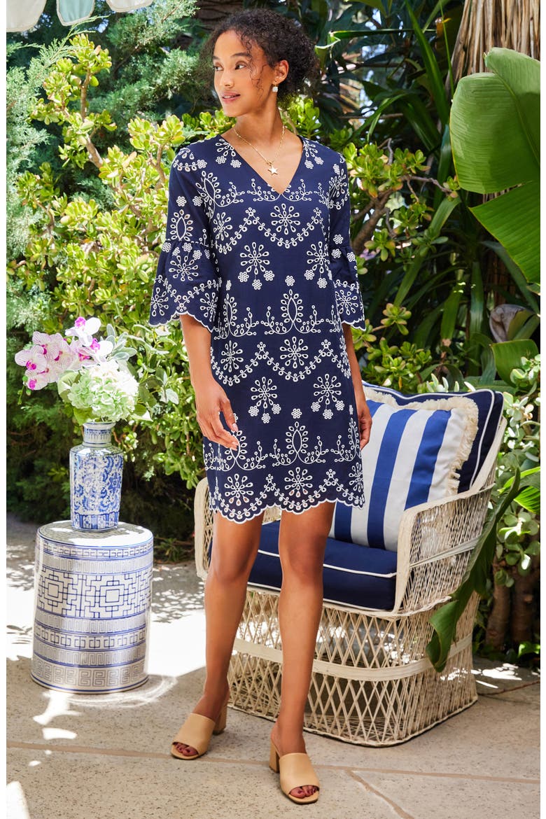 Embroidered Flare Sleeve Minidress, Alternate, color, NAVY
