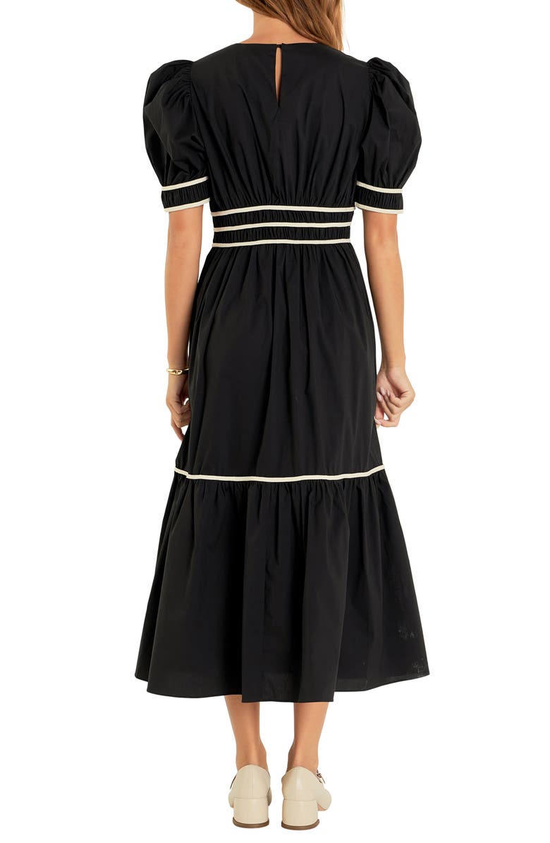 English Factory Bow Puff Sleeve Cotton Blend Midi Dress, Alternate, color, Black
