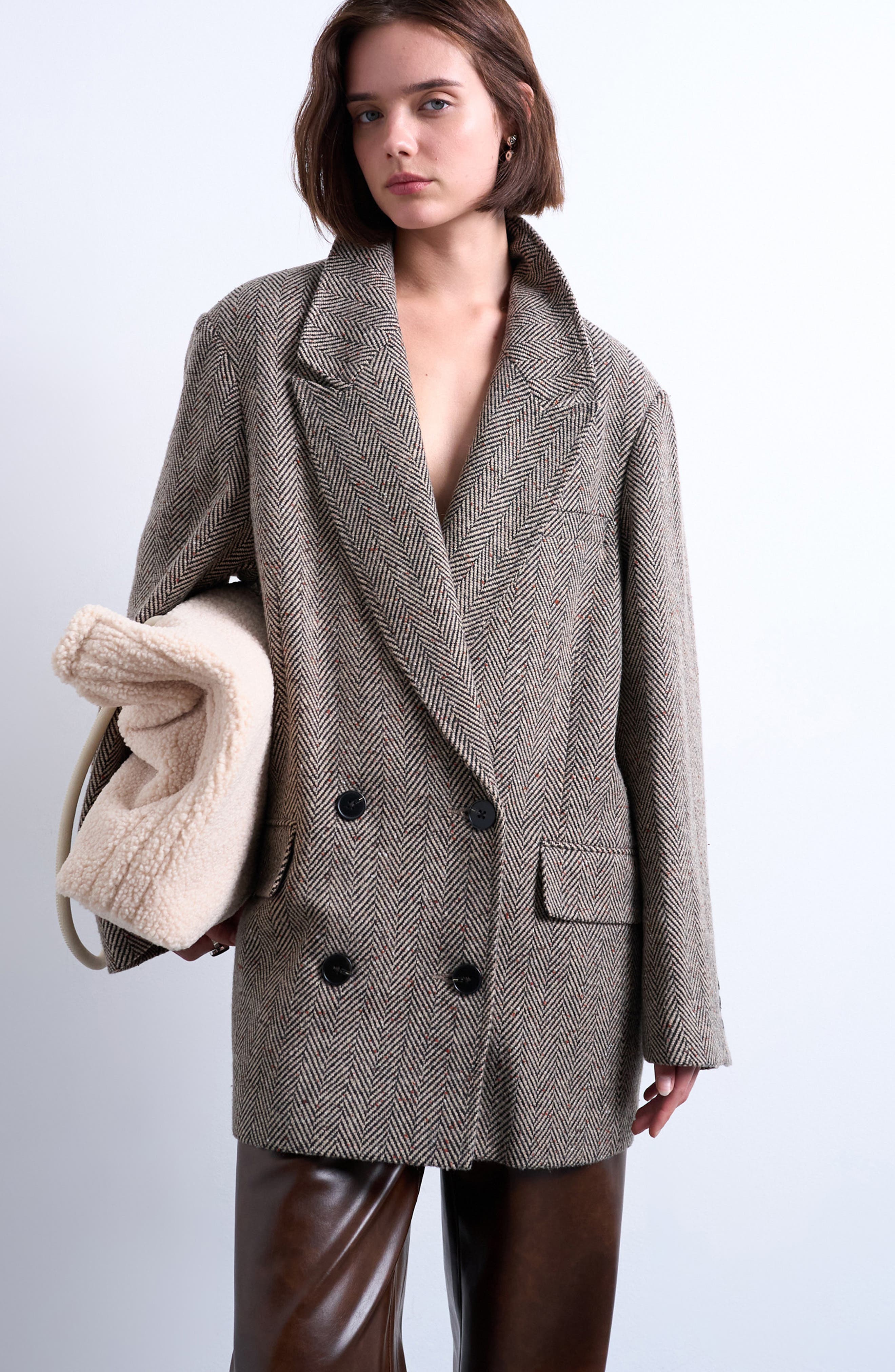 Topshop Oversize Herringbone Twill Double Breasted Blazer